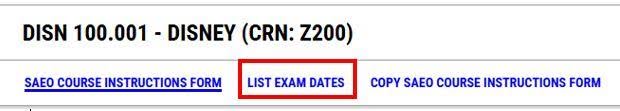This image shows a class in the student portal. Below the class title it states: SAEO Course instructions form, list exam dates circled in red, and copy SAEO course instructions form.