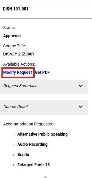 picture shows the course name, the status is set to approved, and available actions are “Modify Request and Get PDF”. Modify Request has a red box around it.)