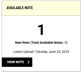 The image shows a page on AIM which has a header which says “available note”. Underneath the header it has a number 1 and states there is a “New Note (total Available notes: 1)”. It also states the date that the note was uploaded and below that has a button to select “View Note”.