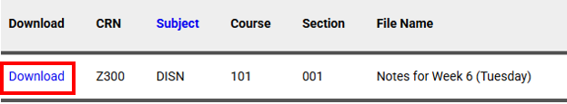 The image shows a page on AIM with the header which has Download, CRN, Subject, Course, Section, and File Name. Below this the word download has a red box around it.
