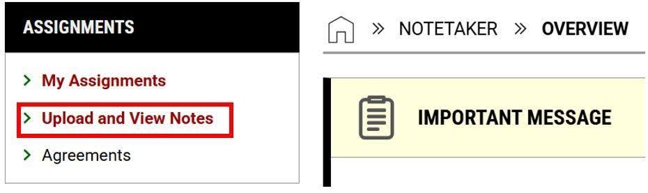 The Image from a page on AIM show a header that states “Assignments”. Underneath it has the following list, my assignments, upload and view notes, and agreements. “Upload and view notes” has a red box around it.
