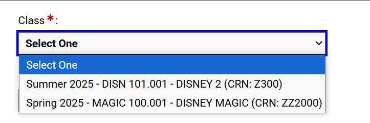 The image from a page on AIM shows a header which says “class” and there is a drop-down menu that has 2 classes, one for summer 2025 DISN 101, and spring 2025 Magic 100.