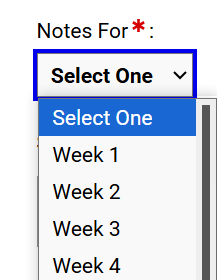 The image from a page on AIM shows a header which states “Notes for” and there is a drop-down list where you can select week 1, week 2, week 3, and week 4.