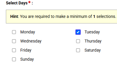 The image from a page on AIM shows a header which says “select days” and requires you to make a minimum of one selection. The days of the weeks are listed with a box beside them. The box beside Tuesday has a check mark.