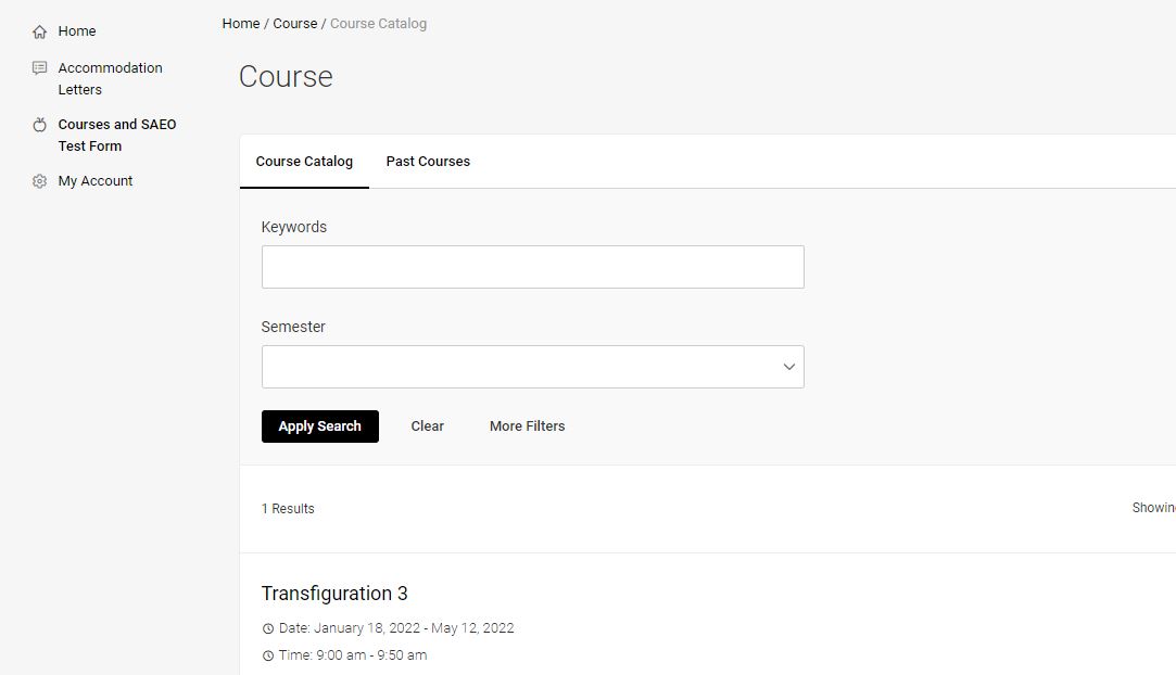 Course catalog page with courses listed at the bottom of the page