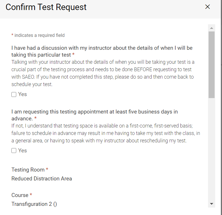 Confirm test page that has questions to agree to in order to schedule your test.