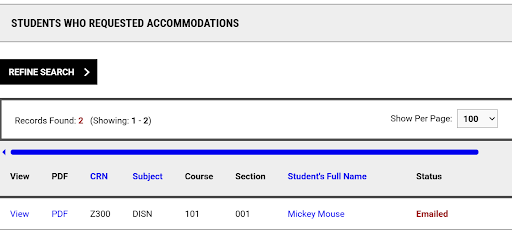 The image from a page on AIM shows a header which says, “students who requested accommodations”. Below it is a list of students that have accommodation letters. On the left-hand side, it has “view” and “PDF” then it tells you course that the student is in and their name.