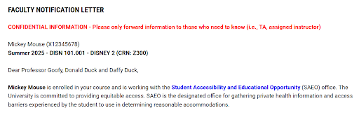 Image shows an example of a faculty notification letter for the student Mickey Mouse.