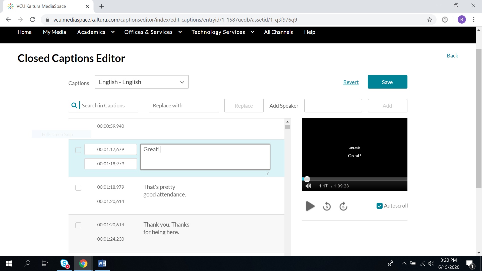 Closed captions editor within Kaltura